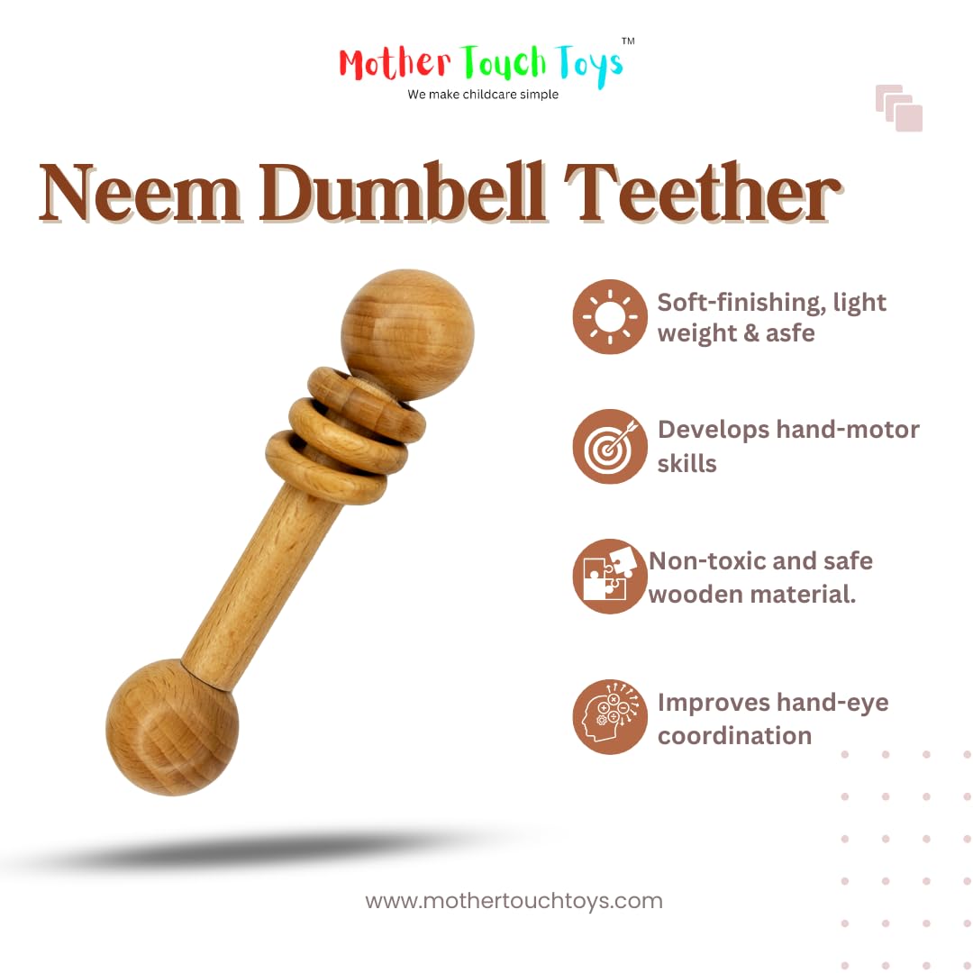 Mother Touch Toy Neem Wood Baby Rattles & Teethers Set (8 Items) | Non-Toxic, BPA-Free Wooden Infant Toys for 0–2 Years | Natural Neem Jhunjhuna, Teethers & Cradle Rings Gift Box 3