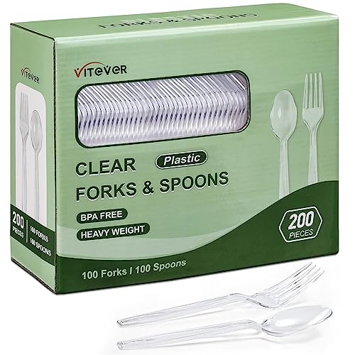 [200 Count] Heavy Duty Plastic Forks And Spoons Set - Disposable Spoons And Forks Silverware, 100 Plastic Forks And 100 Plastic Spoons For Party - Clear #TOP12