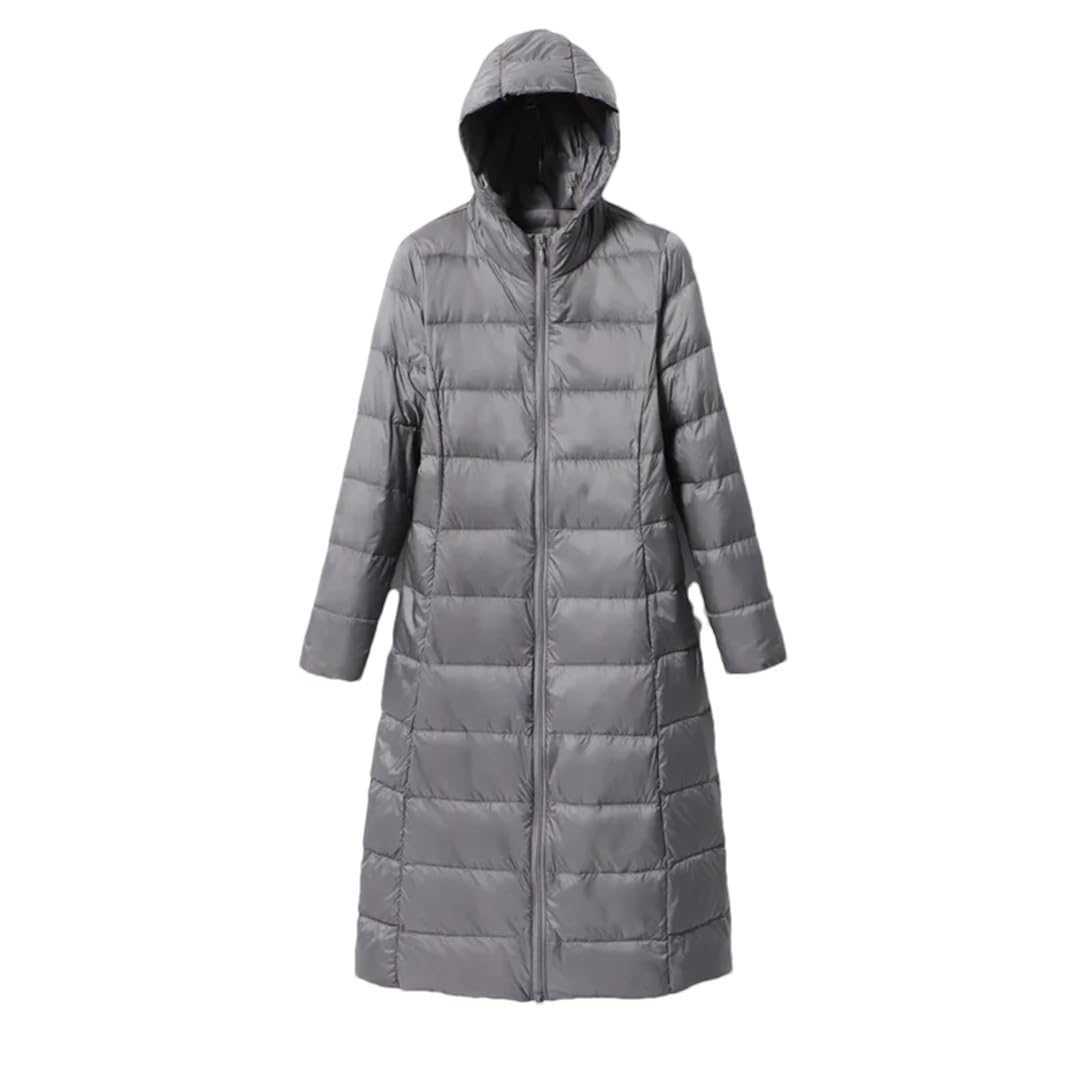 Yeuyyben Piumino lungo da donna, ultra leggero, al ginocchio, alla moda, slim fit, con cappuccio, piumino casual