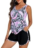 Hilor Women's Modest Swimsuit Tummy Control Tankini Bathing Suits Two Piece Full Coverage Swim Suits with Board Shorts Bottom Black&Pink Paisley XL