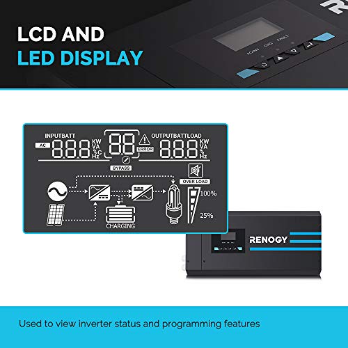 Renogy PCL1-20111S 2000 Watt 12V DC to 120V AC Pure Sine Wave Inverter Charger w/LCD Display, Lithium Battery Compatibility 6000W Surge