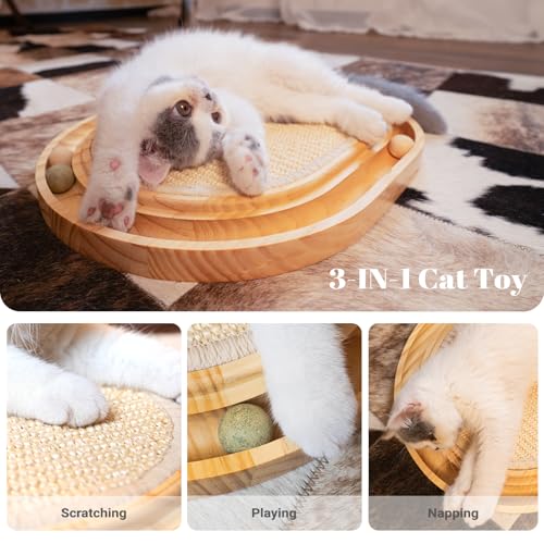 CHEERHOME PETS Sisal Cat Scratcher Toy with Ball Track Wooden Interactive Cat Toy for Indoor Cats Scratch Pad, Physical Exercise for Kitty and Medium Cat - Image 3