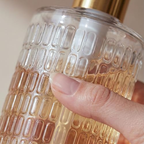 Image of Fluted Glass Hand Soap Dispenser with Gold Pump for Bathroom, 17oz | Vintage Art Deco Reeded Glass, Refillable Clear Ribbed Bottle, Rust-Proof Gold Finish Pump, for Kitchen Countertop