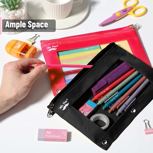 Image of Mr. Pen- Pencil Pouch for 3 Ring Binder, 2 Pack, 10 inchx6.75 inch, Smooth Zipper | Clear Window, Large Capacity Pencil Case with 3 Reinforced Grommets for School, Office, Supplies Storage | Clear Window, Large Capacity Pencil Case with 3 Reinforced Grommets for School, Office, Supplies Storage