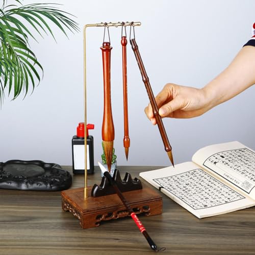 Image of Vintage Wooden Calligraphy Brush Holder - Chinese Brush Hanger Rack for Desktop, Multipurpose Pen Stand, 14.56 X 6.69 X 4.33 Inches