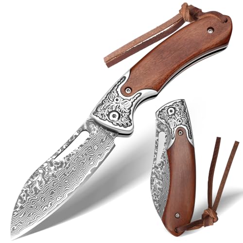 SPITZKANTE Taschenmesser Damast, 42a-konformes Zweihandmesser aus 67 Lagen handgeschmiedetem VG10-Damaststahl, Zweihand Klappmesser mit Holzgriff, Lanyard, Legal in Deutschland