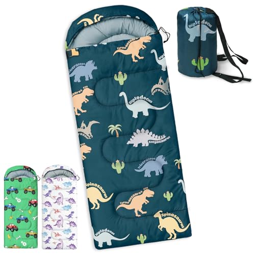 tuphen Kids Sleeping Bag - Camping Sleeping Bags for Kids Boys Girls - Sleeping Bag for Backpacking Hiking Cold Warm Weather 3 Seasons Compact Camping Essentials Gear Accessories (Green Dinosaur)