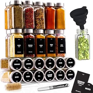 Deco haus® Słoiczki na Przyprawy z Nakrętką - Zestaw 24 sztuk - Różne Nasadki do Wytrząsarek, Lejek, Pędzelek, Etykiety i Kreda - Idealne do Naszych 4 Stojaków na Przyprawy - 120 ml, 10,5 x 4,3 cm