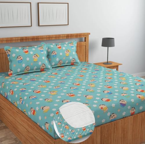 Image of NEW LEAF Cotton Fitted King Size Double Bedsheets with 2 Pillow Covers | Elastic Fitted | Wrinklefree | Ultrasoft |All Season Bedsheet 220 tc tc Floral | 78 x 72+8 Inches, Aqua Blue
