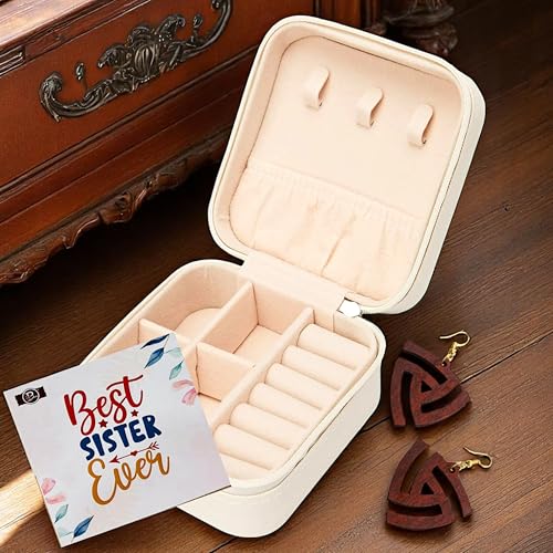 Image of P Arts Faux Leather Jewellery Organiser Box, Small Jewellery Box Organiser For Ring, Pendant, Earring, Necklace, Bracelet Jewellery Box For Women with Wooden Earrings for Women, White 4x4 Inch