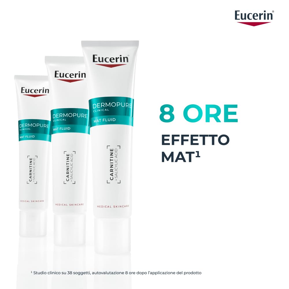 Eucerin DermoPure Clinical Fluido Opacizzante 40 ml, Crema opacizzante viso per 8h effetto mat, Crema viso pelle grassa e acneica con Acido Salicilico e Carnitina anti-imperfezioni e pori dilatati