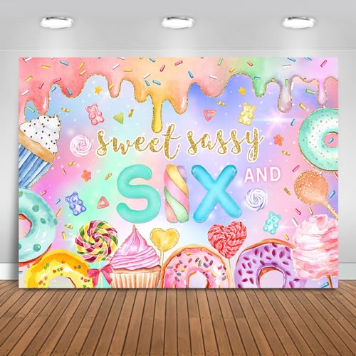 Mocsicka Sweet Sassy and Six Birthday Backdrop Girls Sweet Candy Donut 6th Birthday Party Background Happy 6th Birthday Party Decorations Photo Booth Props (6th birthday, 7x5ft)