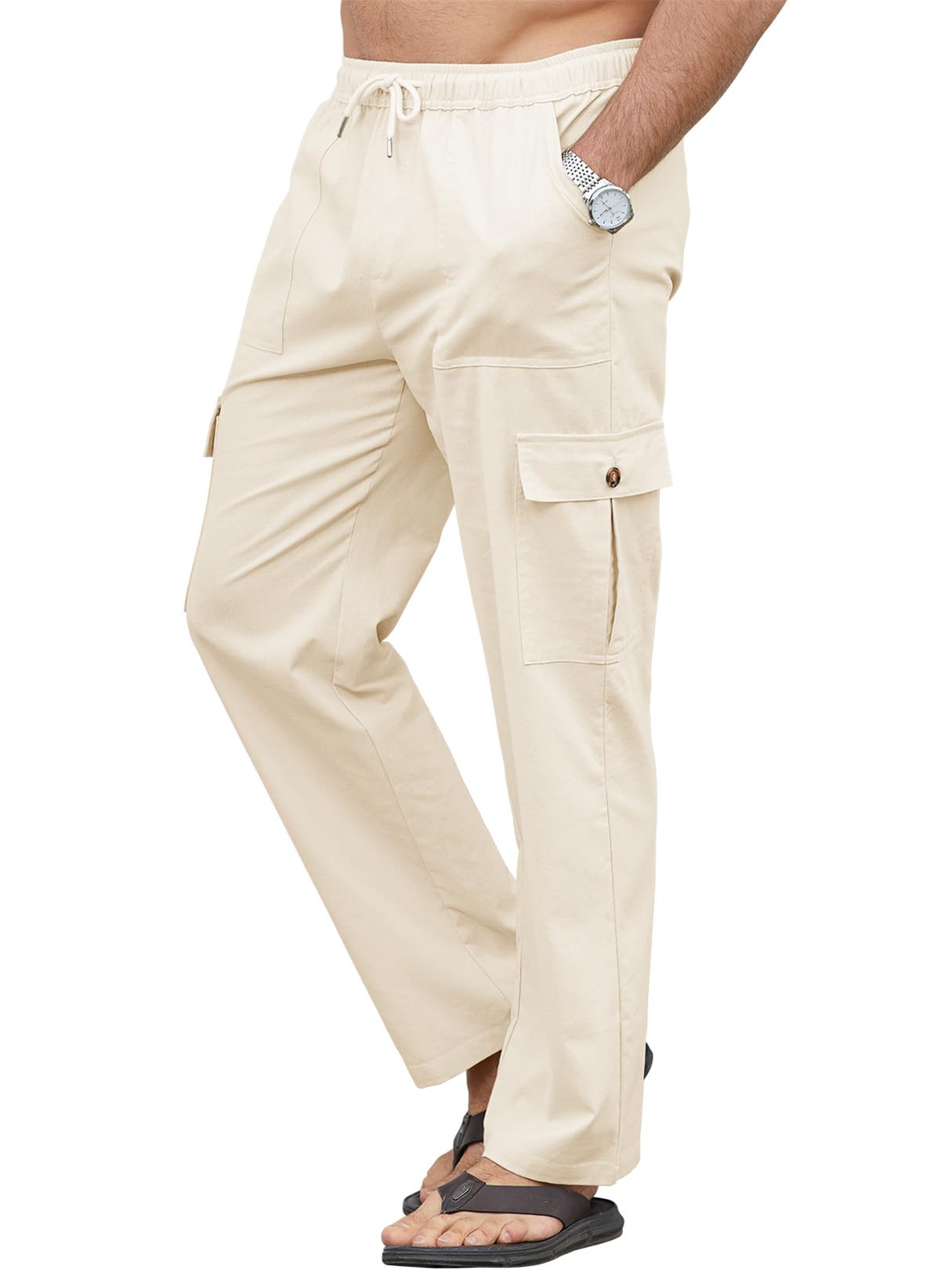 YloveM Pantaloni Lino Uomo con Tasche Casual Estivi Pantaloni Uomo Estivi Cotone con Elasticizzati Vita Spiaggia Cargo Pantalone Lino Uomo Larghi con Coulisse Leggeri Yoga