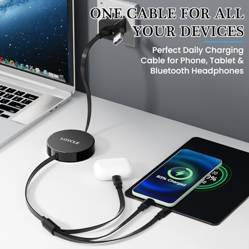 6 en 1 Câble de rechargeur multiple rétractable USB C Câble 1.1m Chargement rapide – Jusqu'à 66W PD Fonctionne avec 100W PD Chargeur universel multi-appareils adaptateur pour voiture et voyage