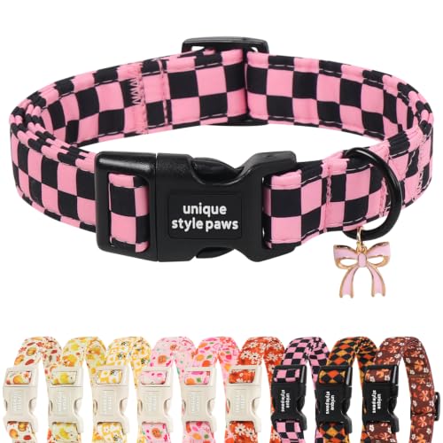 Unique style paws Chessboard Dog Collar Plastic Buckle with Bow Pendant Puppy Collar for Black Pink Plaid for Small Medium Large Boys Girls Dogs