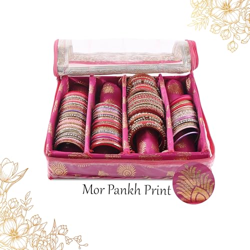 Image of Kuber Industries Transparent 4 - Rod Removable Bangle Organisers Storage Box with Zip | Wedding Jewellery Organizer Case & Bangle Box for Women with Small Mirror | Mor Pankh Print -Pink