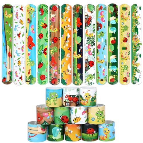 Serencatcher 48Pcs Bug Slap Bracelets, Bug Insect Party Favors Wristbands Bracelets with Ladybug Caterpillar Butterflies Snails Snap for Wild Insect Animal Birthday Party Decorations