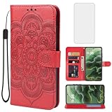Bohefo Case for Moto G35 Case, Motorola G35 5G Wallet Case with Tempered Glass Screen Protector, Mandala Leather Flip Credit Card Holder Stand Phone Cover Cases for Motorola Moto G35 Red