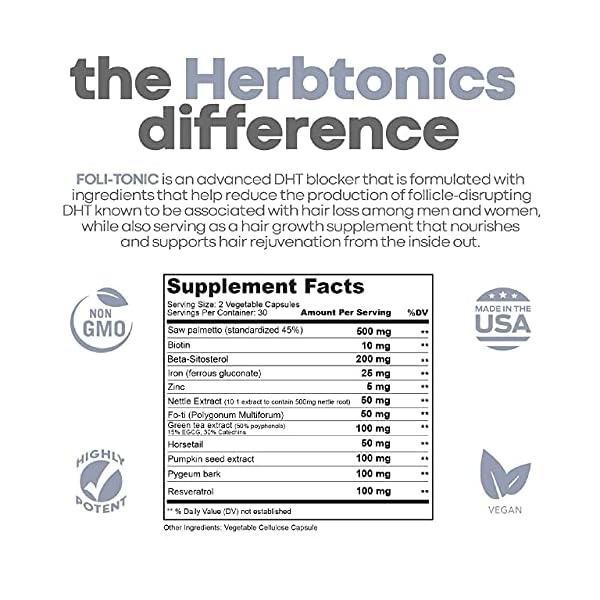Foli-Tonic-DHT-Blocker-To-Stop-Hair-Loss-Hair-Thinning-Help-Thicker-Hair-Growth-Hair-Regrowth-Vitamin-Supplement-for-Men-and-Women-60-Vegan-Capsules Herbtonics Foli Tonic Hair Growth with Biotin - Hair Vitamins with DHT Blocker, Saw Palmetto, Beta Sitosterol - Promotes Hair Regrowth for Men & Women - Hair Loss Vitamins for Hair Care - 60 Capsules