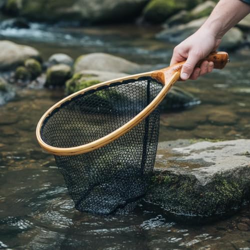 Épuisette à manche en bois de qualité et filet résistant