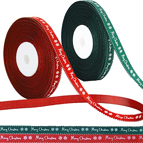 CNMTCCO 2 Rolls 43 Yard Merry Christmas Ribbons Grosgrain Wrapping Rope with Snowflake Pattern for Christmas Favor Party DIY Crafts Package Decor (White Font)