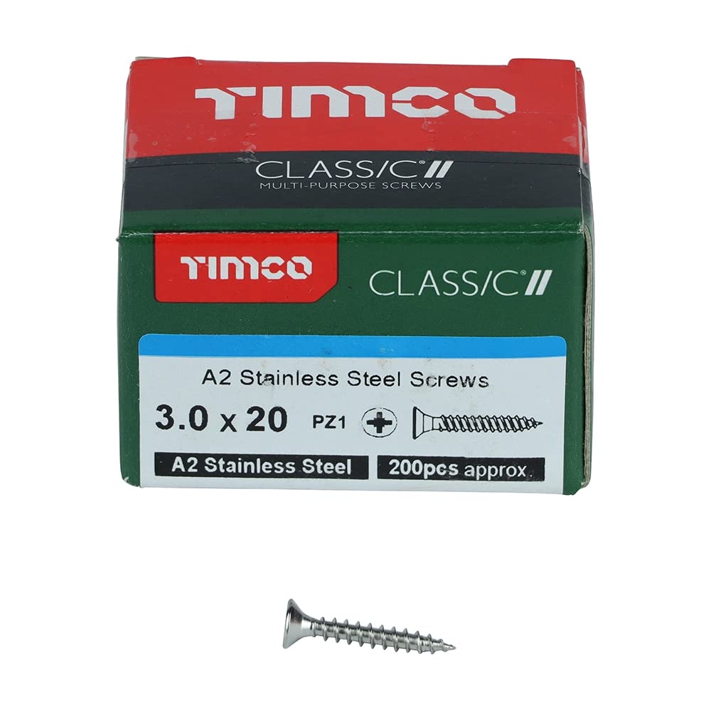 Timco Silver Classic Multi-Purpose Screws - 3.0 X 20 - A2 Stainless Steel - Box Of 200