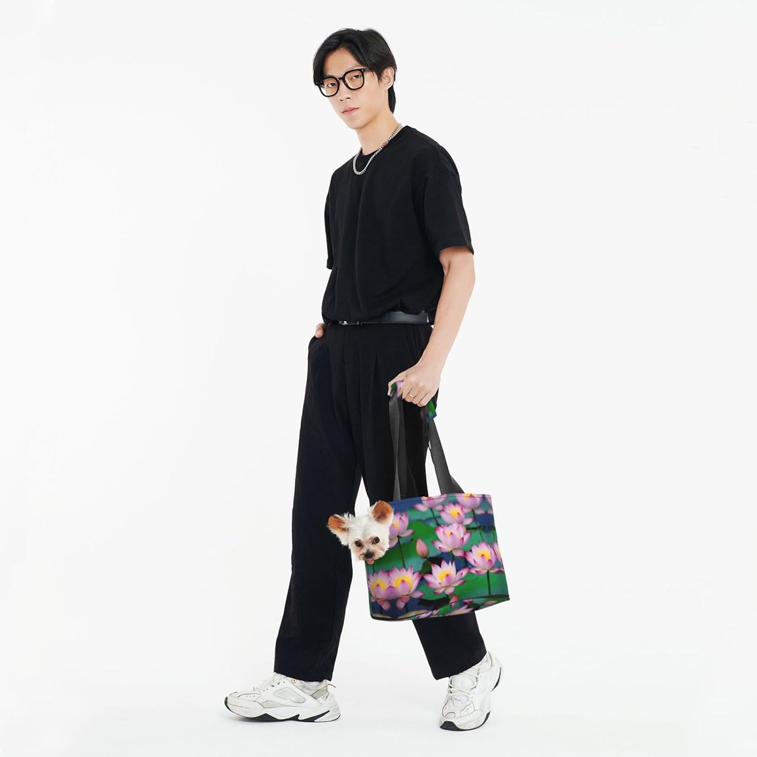Beautiful Lotus Flower Print Portable Foldable Shoulder Bag for Travel,with Collar Hook and Handle Pad,Cute Stylish Design