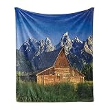 Lunarable Rustic Throw Blanket, Moulton Barn and Teton Mountain Range in Grand Teton National Park Wyoming, Flannel Fleece Accent Piece Soft Couch Cover for Adults, 50' x 70', Brown