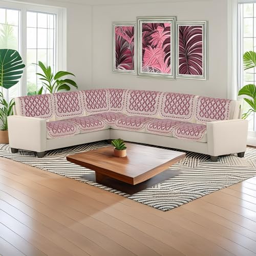 Image of Premium Chenille Woven Anti-Slip 6 Seater L-Shape Sofa Cover | L-Shape Sofa Seat Protector for Living Room | Durable & Stylish Slipcover - Onion Pink - Floral