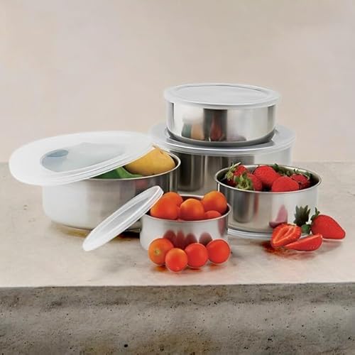 Jogo de Tijelas Potes Bowls de Aço Inox com Tampa para Armazenar Alimentos 5 Unidades