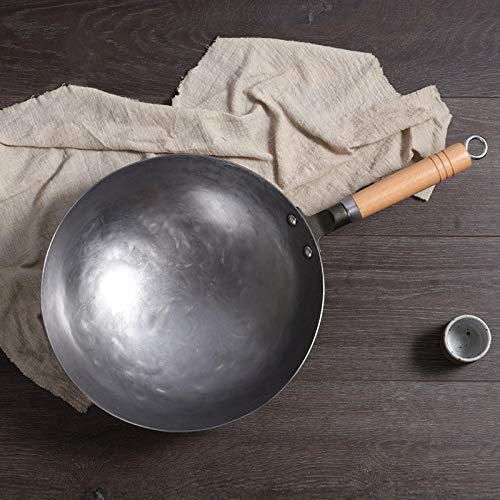 WBDWWTD Wok Cinesi in Ferro martellato a Mano, pentole antiaderenti in Acciaio al Carbonio Non Rivestito, pentole Tradizionali a Fondo Tondo con Manico in Legno, Senza Rivestimento, Meno Olio, 32 cm