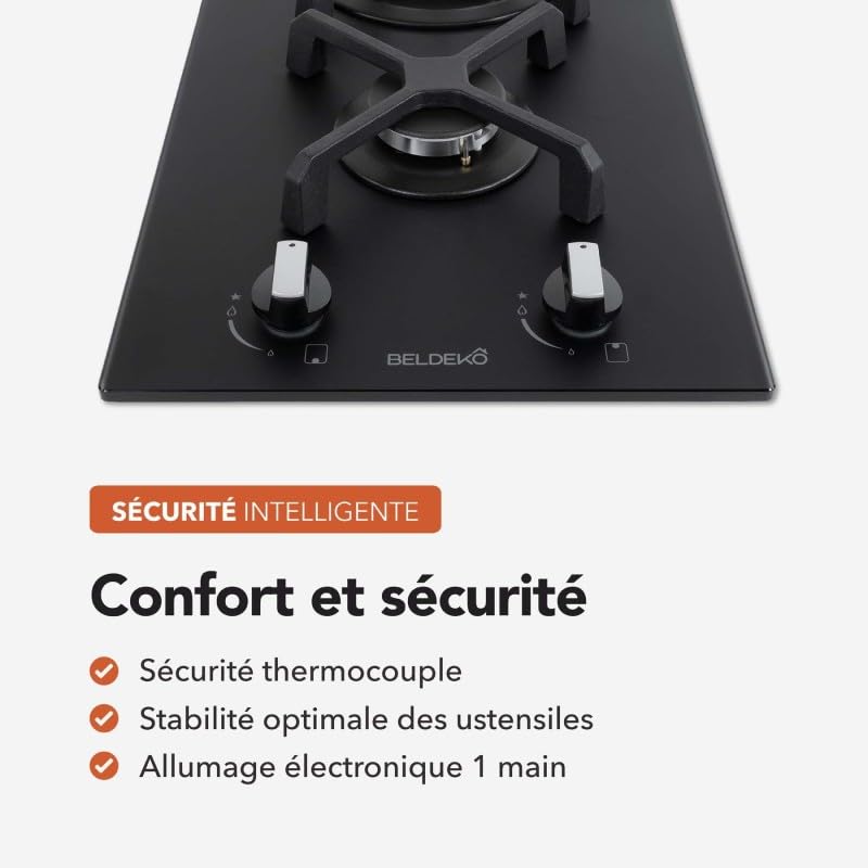 BELDEKO Plaque Gaz 2 Feux 5200W Noir Mat Grilles Fonte - Marque Française