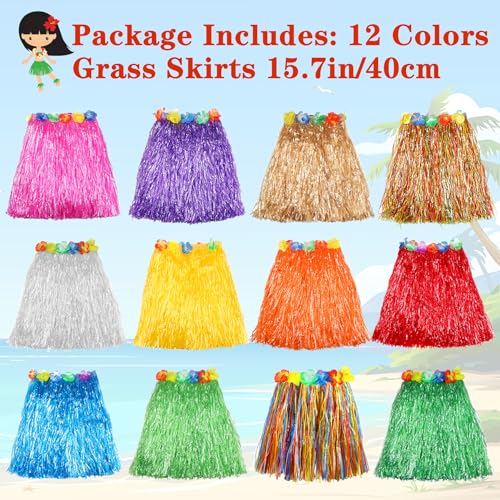 Image of Hajoyful Grass Skirt Hawaiian Luau Hula Skirts Party Decorations Favors Supplies Grass Skirts for Kids Elastic Hibiscus Flowers Tropical Hula Skirt for Party, Birthday, Celebration 12Pack