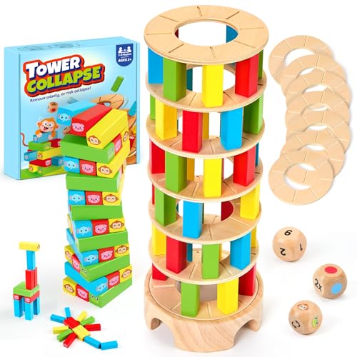 Montessori Spiele Brettspiel aus Holz, 48 Stück Bunte Blöcke Würfelspiel Kinder Lernspiele ab 3 4 5 6 Jahre Fördern Konzentration & Feinmotorik, Familienspiel Reisespiel Geschenk Junge Mädchen 3 Jahre