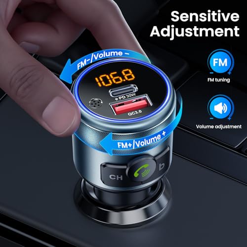 GizmoVine Car FM Transmitter Bluetooth 5.3 Adapter,Wireless Radio Transmitter for Car, PD 30W QC3.0 18W Fast Charging, Hands-Free,Bass Boost,LED Display,USB Flash Play,All Metal,12V/24V - Image 3