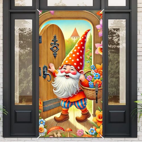 Image of Spring Gnome Door Cover 35x71in Flower Basket Mushroom