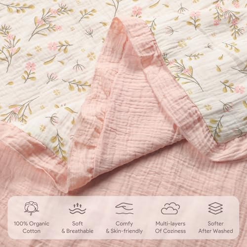 Image of Organic Baby Blanket Flounce Edge Large 50 inchx43 inch Floral, 100% Muslin Cotton Super Soft Breathable Toddler Quilt Crib Blankets Gender Neutral for Baby Boys and Girls Bassinet, Bed, Stroller & Snuggling