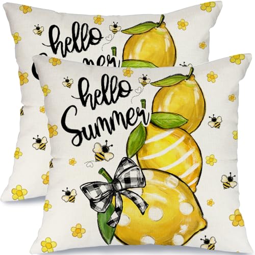 GEEORY Summer Lemon Pillow Covers Set of 2 18x18 Inch - Hello Sunshine Bee Farmhouse Decor Spring Summer Pillow Case for Sofa and Living Room