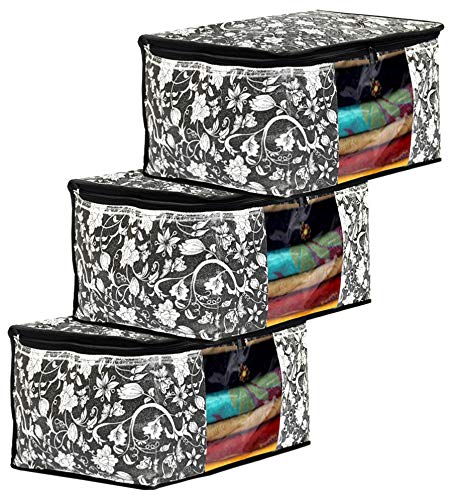 Kuber Industries Metalic Flower Print 3 Piece Non Woven Fabric Saree Cover/Clothes Organiser For Wardrobe Set With Transparent Window, Extra Large (Black)-Kubmart16517