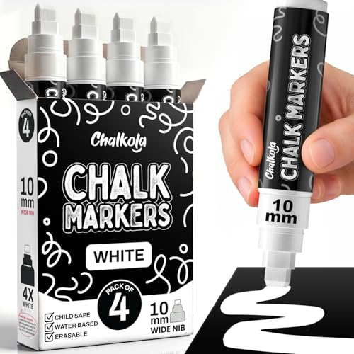 Chalkola White Window Chalk Markers for Cars Glass Washable - (10mm 4 Pack) | Jumbo Liquid Chalk Markers for Blackboard Chalkboard Auto Mirror Bistro Board 3 in 1 Wide Nib Paint Pens White
