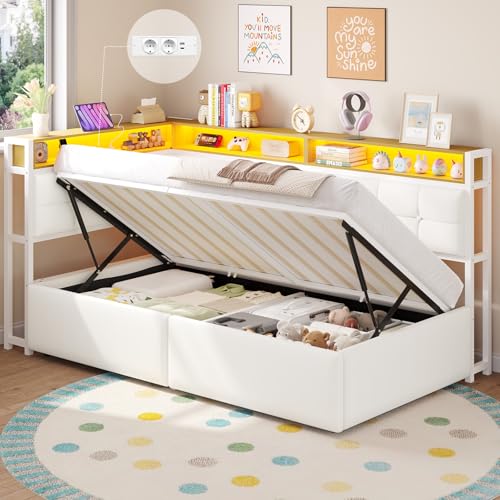 DICTAC Cama juvenil de 90 x 200 cm con espacio de almacenamiento, LED y estación de carga, cama acolchada con cajón hidráulico, compartimento de almacenamiento de dos niveles, cama individual en
