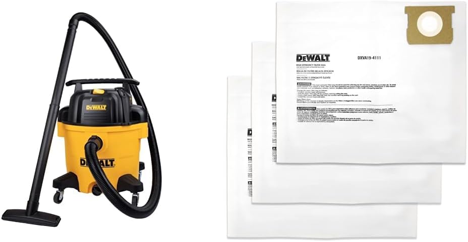 DEWALT DXV10P 10 Gallon Poly Wet Dry Vacuum Yellow & DXVA19-4111 Fine Dust Bag Fits for 6-10 Gallon Wet/Dry Vacuum