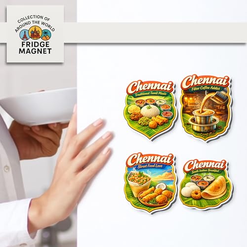 Image of Regalo Casila Chennai Food Tourism Souvenir Wooden Fridge Magnet Set of 4 Traditional Tamil Meals Filter Coffee Street Food South Indian Breakfast Refrigerator Magnets