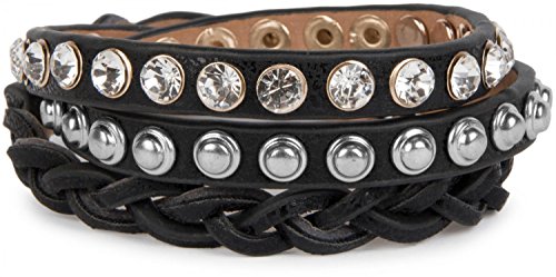 Preisvergleich Produktbild styleBREAKER Lederarmband mit Strass, Kugelnieten und Flechtteil, Wickelarmband, Damen 05040015, Farbe:Antik-Schwarz / Nieten Silber