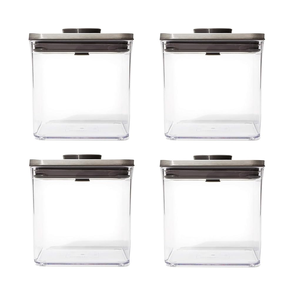 OXO POP-Behälter aus Stahl, groß, kurz, quadratisch, 2,8 Qt (4 Stück) luftdichte Frischhaltedosen für Müsli, Getreide und mehr, Grau