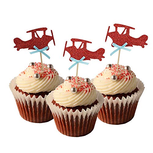 HOKPA Airplane Cupcake Toppers, Glitter Cake Food Dessert Picks Baby Shower Kids' Boys Birthday Party Decors (24PCS Red)