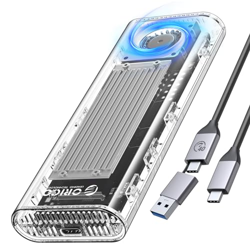 ORICO 40Gbps M.2 NVMe SSD Enclosure with Built-in Cooling Fan, Upgraded Transparent 40Gbps External Hard Drive Enclosure, Support UASP & TRIM, Support 2230 2242 2260 2280(only M key) Silver