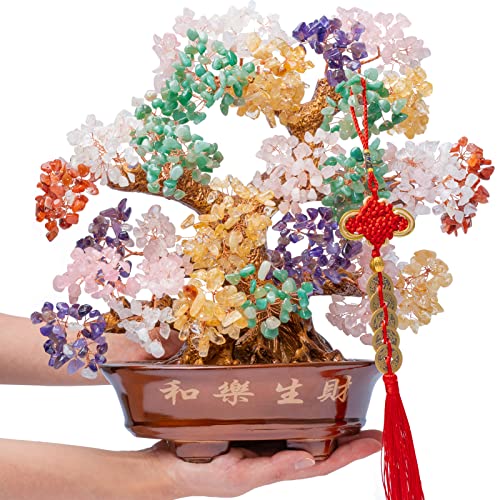 GEMBOURY Natural Large Chakra Crystal Tree14, Included Lucky Coins Chain, Tree of Life(1251 Gemstone Count) with Healing Properties- Bonsai Feng Shui Money Tree for Good Luck and Wealth