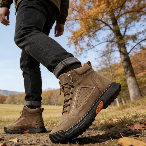 Image of 2026 Upgrade Mens Handmade Leather Boots, Waterproof Wide Toe Casual Footwear, Lightweight Breathable Outdoor Walking Shoes With Arch Support, Non Slip Durable Boots For Work Hiking Daily Use