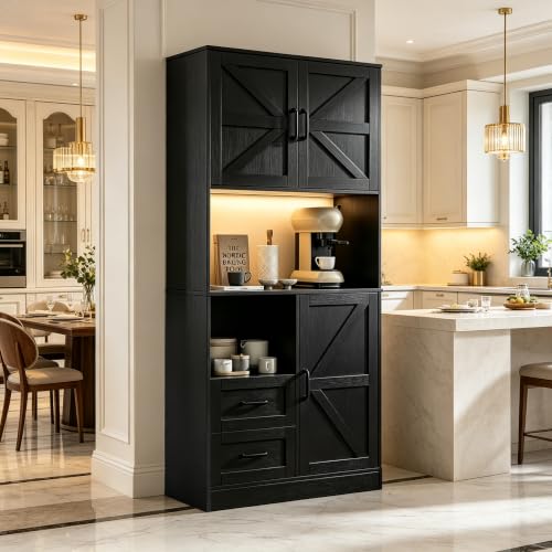Image of 67.72 inch Tall Kitchen Pantry Cabinet with LED Light & Charging Station, Modern Kitchen Hutch with Microwave Stand, Countertop, Doors & Adjustable Storage Shelves, Black